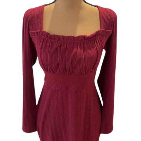 Row A Ribbed Knit Square Neck Bodycon Long Sleeve Midi Dress in Maroon – Size XL - Picture 2 of 5